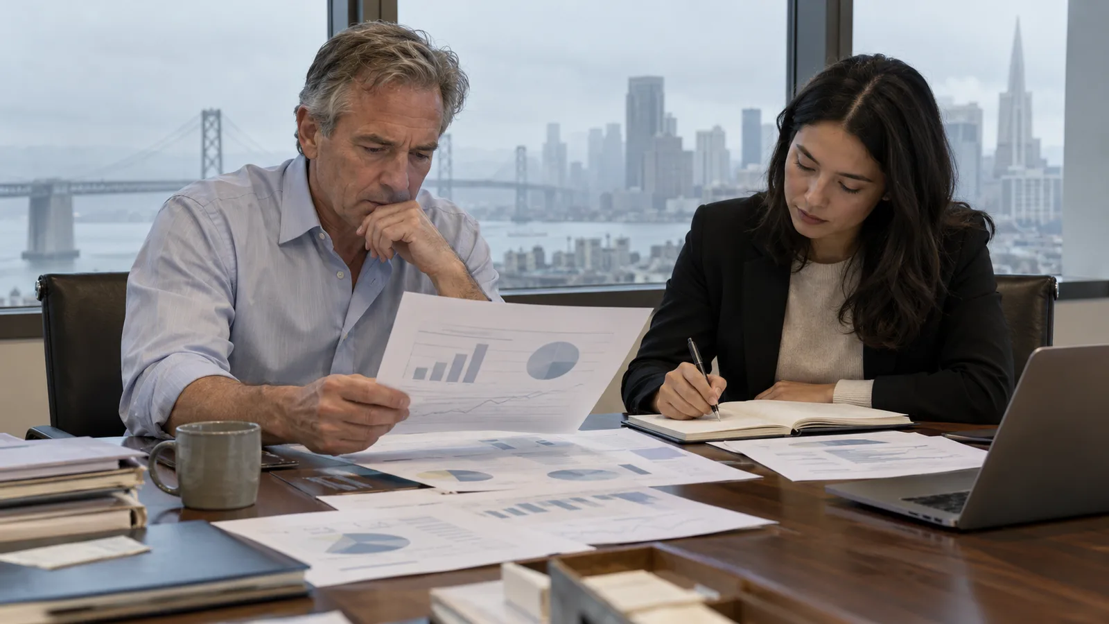 Business owner reviewing financial statements with an advisor at a conference table in a San Francisco office