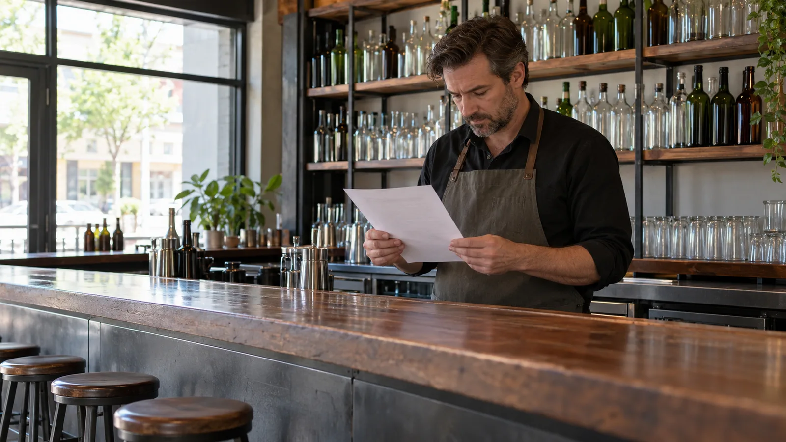 A bar owner and a buyer going over a folder of permits at a quiet bar counter in the afternoon before opening