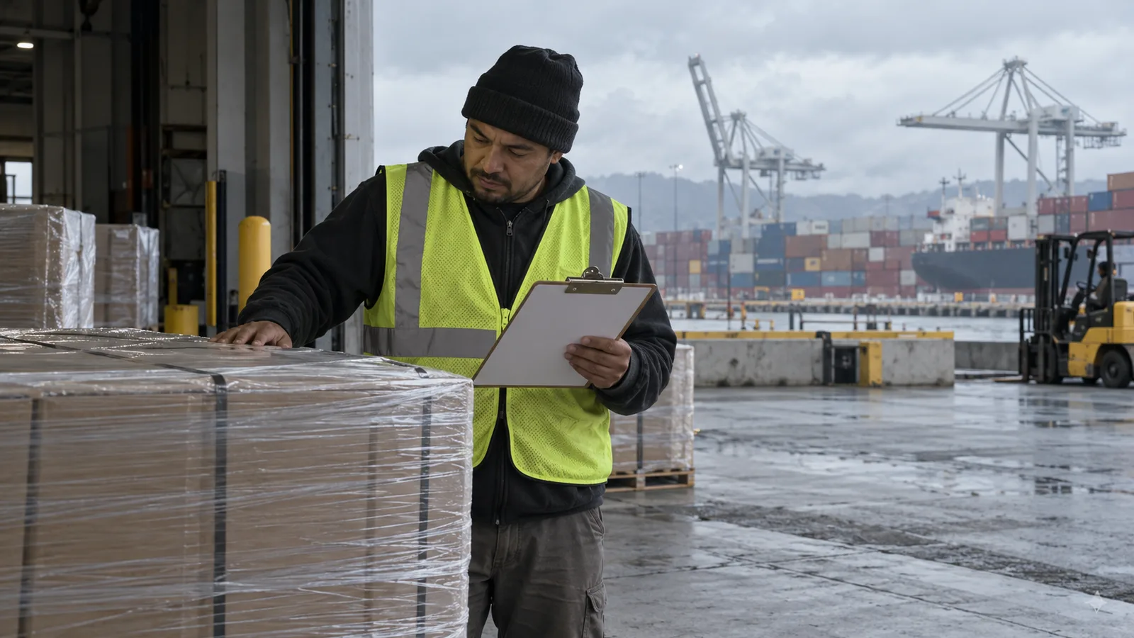 Two warehouse workers checking a shipping manifest on a clipboard beside stacked pallets in an Oakland distribution building