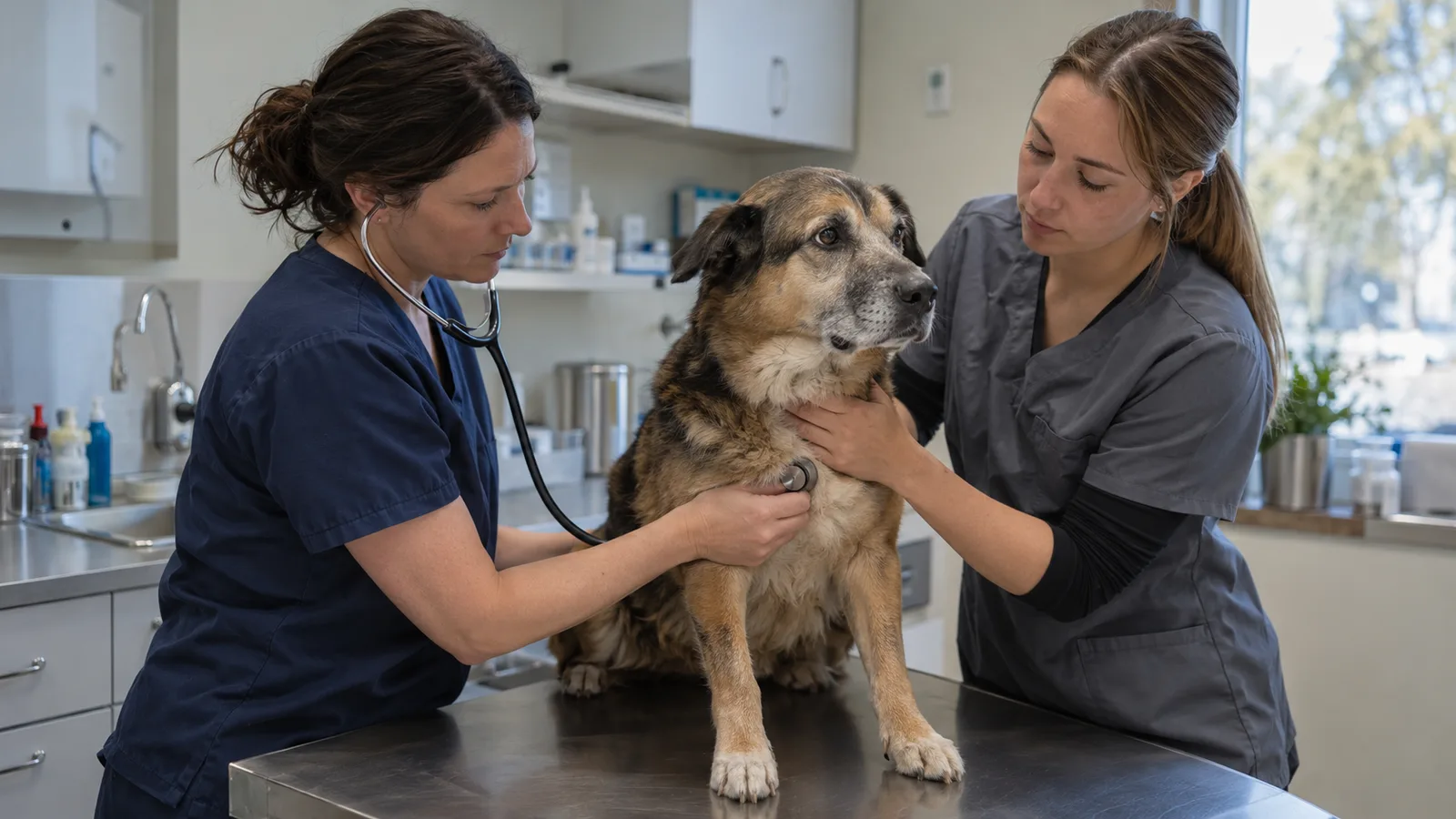 A veterinarian and a veterinary technician examining a dog together on an exam table in a small clinic